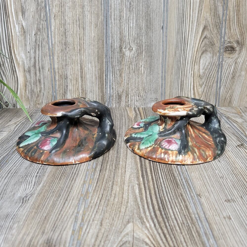 Vintage Weller Pottery Warwick Candlestick Holders Branch Woodland Pair Hairline